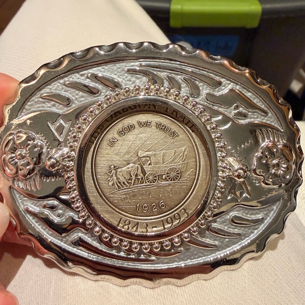 Vintage 90s Silver Commemorative Coin Belt Buckle Oregon Trail